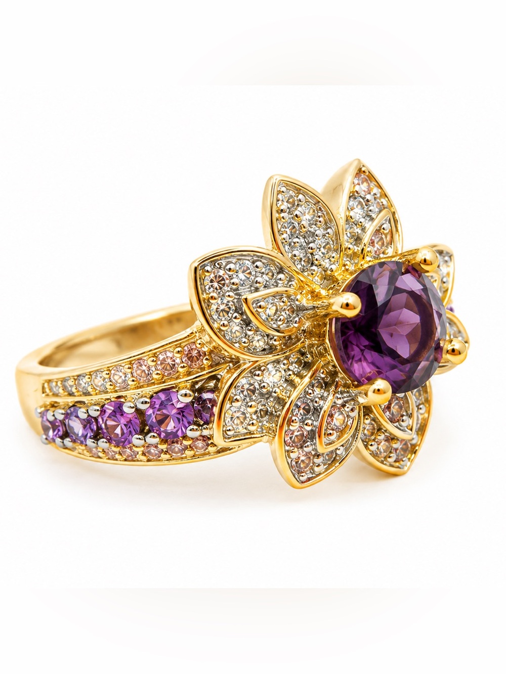 Gold Floral Amethyst Ring with Pavé Accents